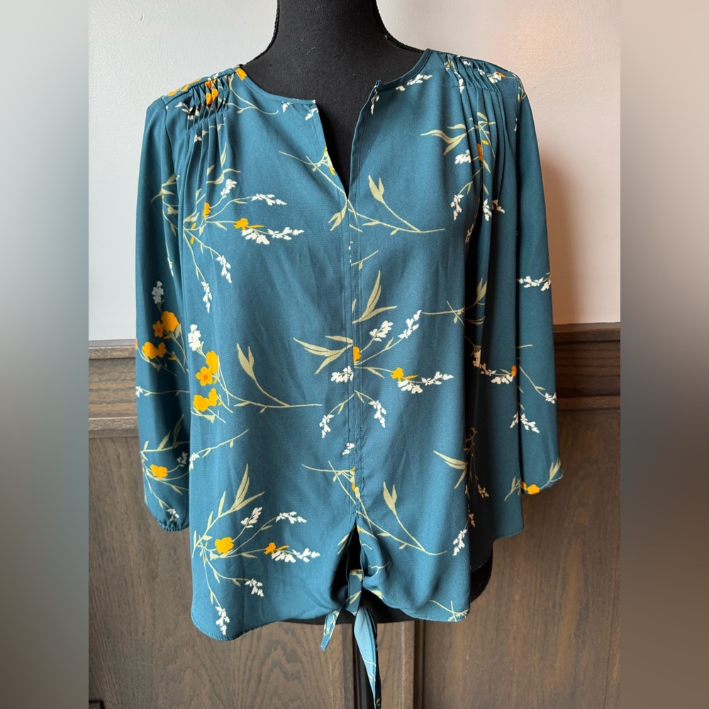 Collective Concepts Teal Floral Tie-Hem Blouse with Yellow Accents MP